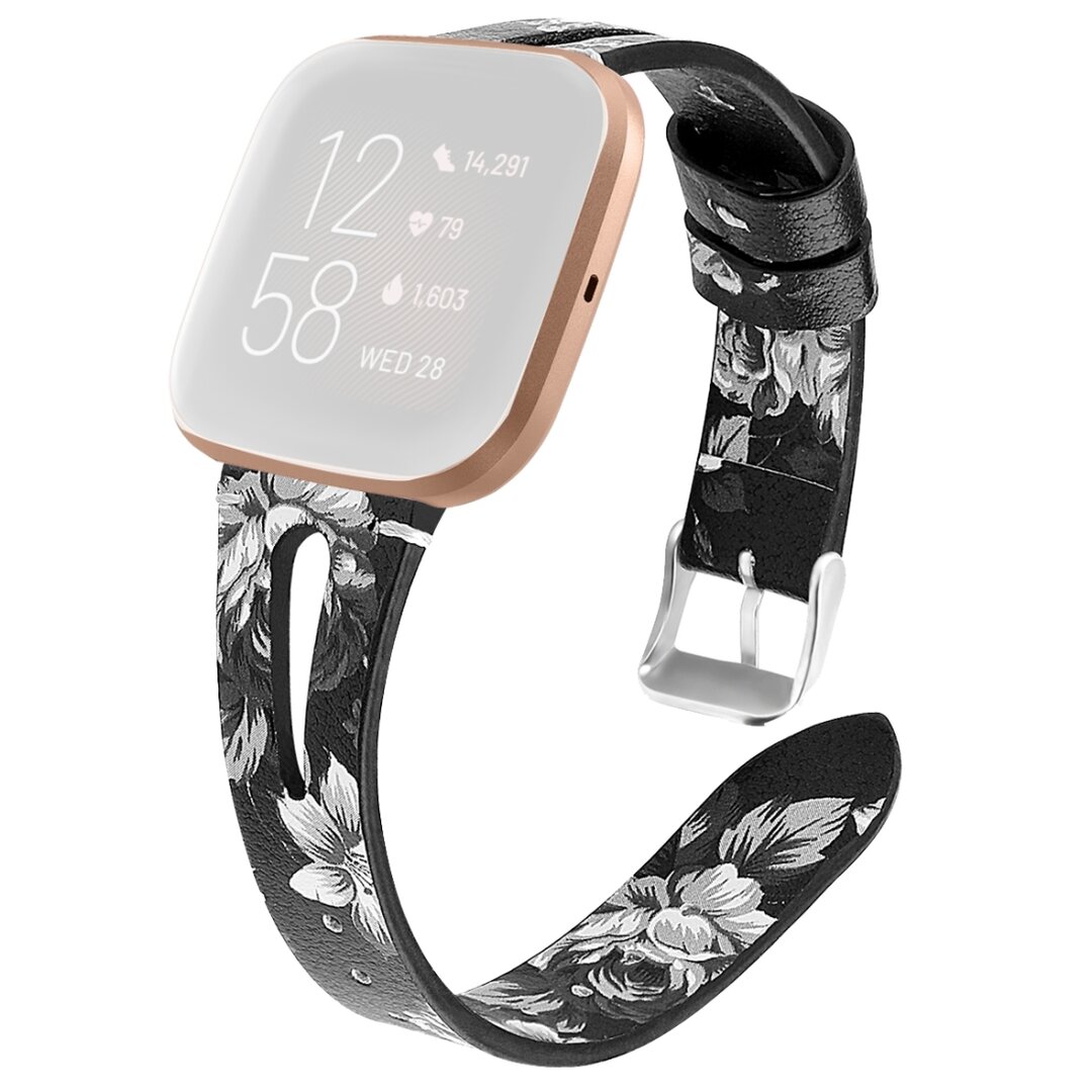 Fitbit Versa 1 / 2 &amp; Lite Armband TPU Leder - Blumendruck schwarz
