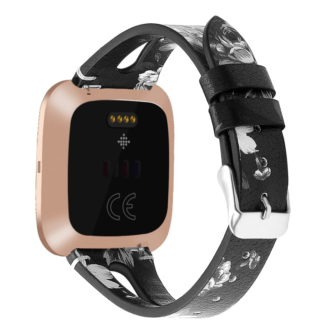 Fitbit Versa 1 / 2 &amp; Lite Armband TPU Leder - Blumendruck schwarz