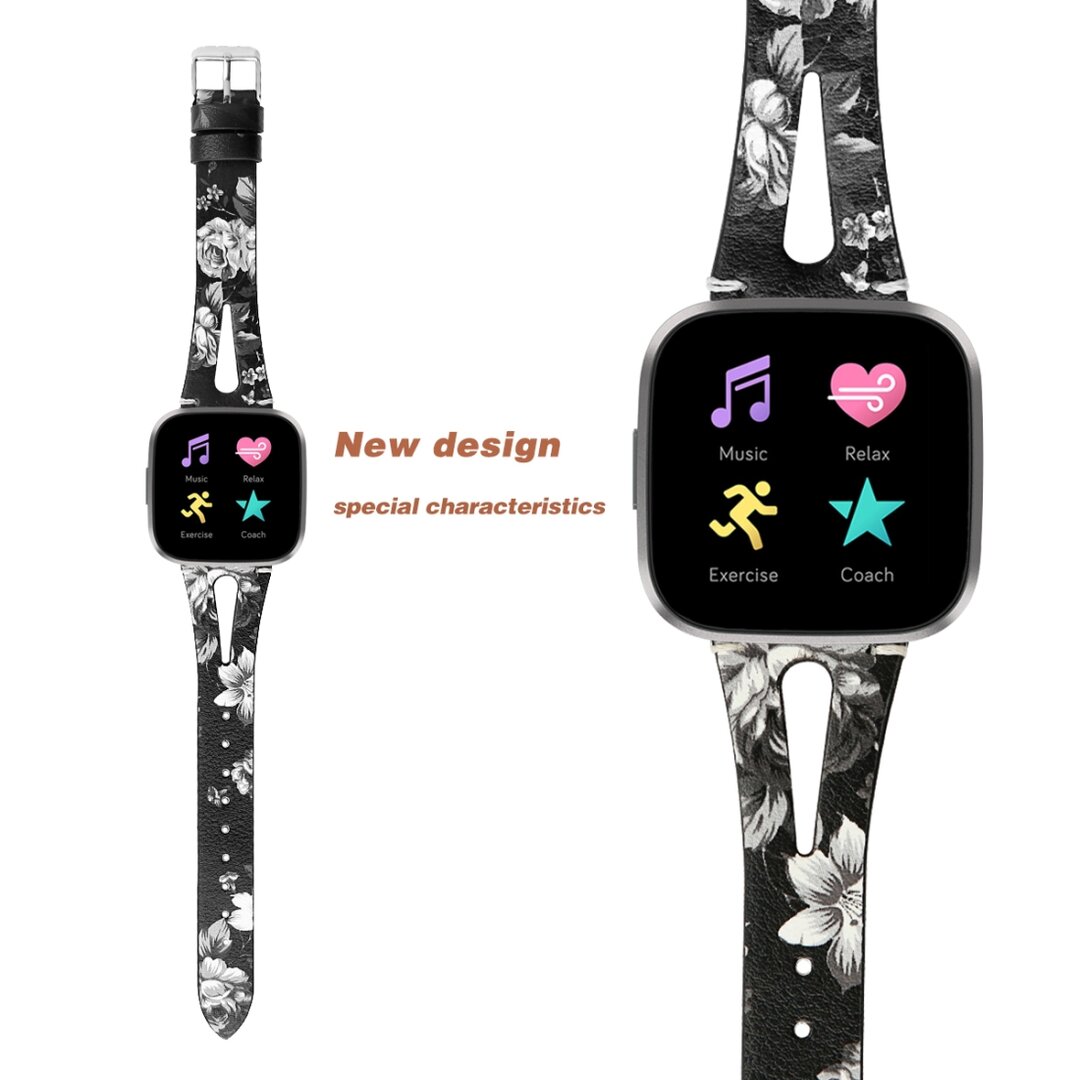 Fitbit Versa 1 / 2 &amp; Lite Armband TPU Leder - Blumendruck schwarz