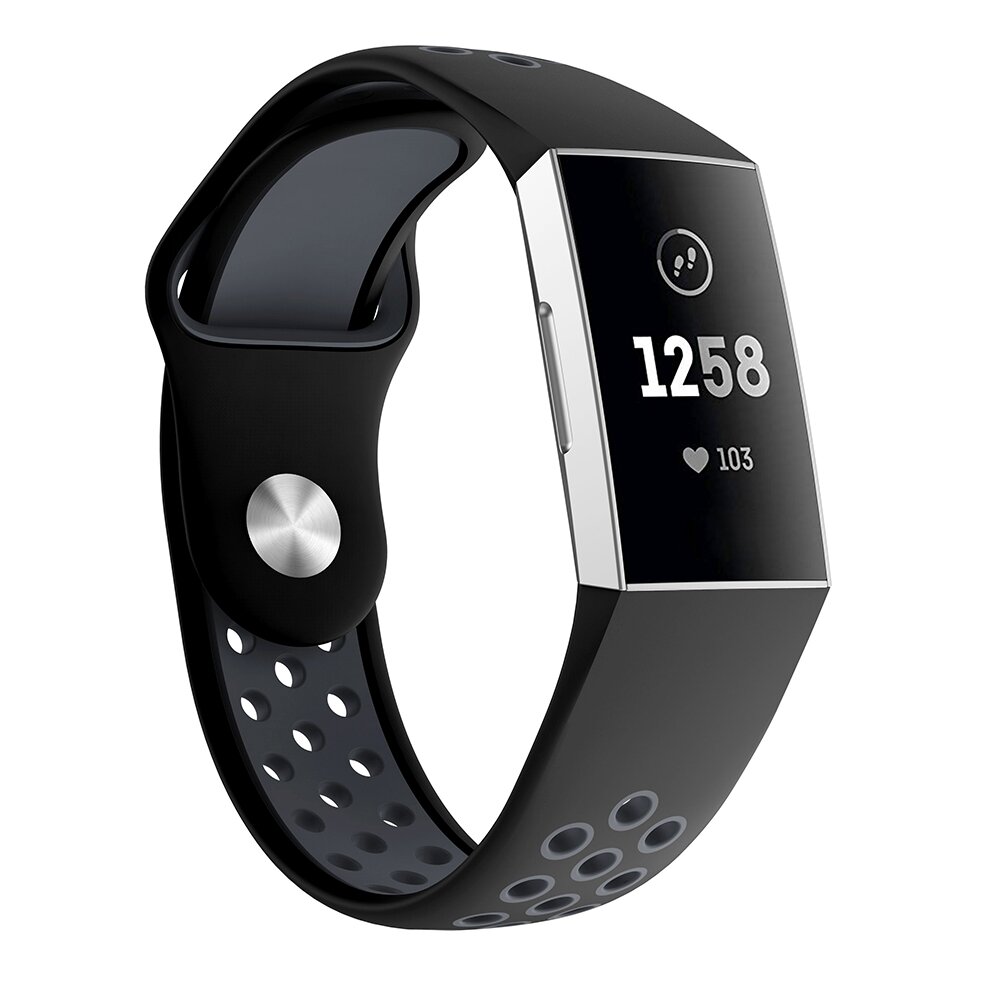 Fitbit Charge 3 &amp; 4 Silikon DOT Band - Schwarz + Grau - Gr&ouml;&szlig;e: Large
