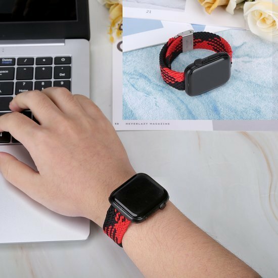 Geflochtenes Armband - Rot mit Schwarz - Geeignet f&uuml;r Apple Watch 38mm / 40mm / 41mm / 42mm