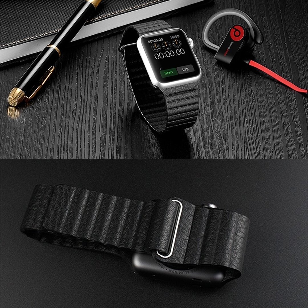 PU Leder Loop Armband - Schwarz - Geeignet f&uuml;r Apple Watch 38mm / 40mm / 41mm / 42mm