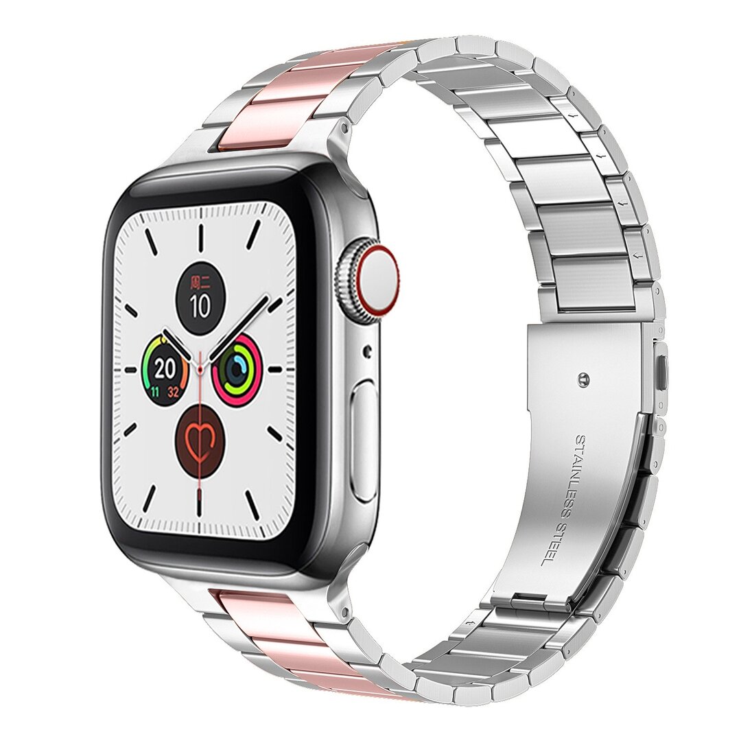 Stahlgliederarmband - Silber mit Rose - Geeignet f&uuml;r Apple Watch 38mm / 40mm / 41mm / 42mm