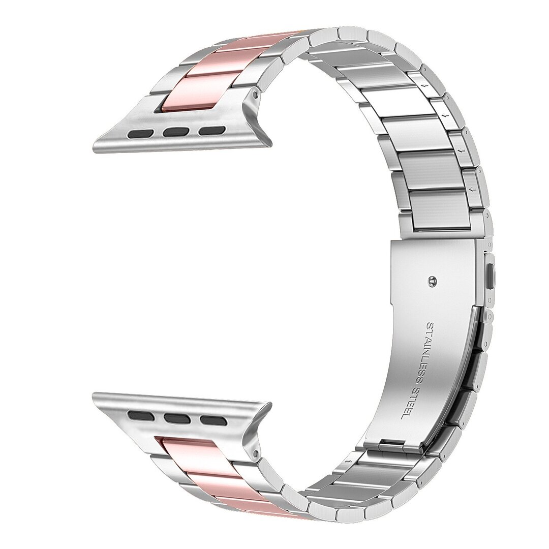 Stahlgliederarmband - Silber mit Rose - Geeignet f&uuml;r Apple Watch 38mm / 40mm / 41mm / 42mm