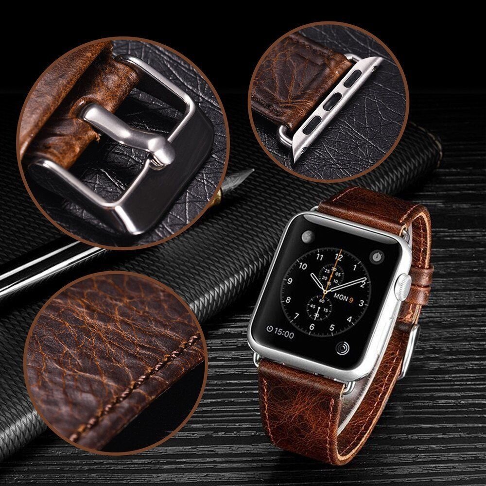Retro-Lederarmband - Schwarz - Geeignet f&uuml;r Apple Watch 38mm / 40mm / 41mm / 42mm