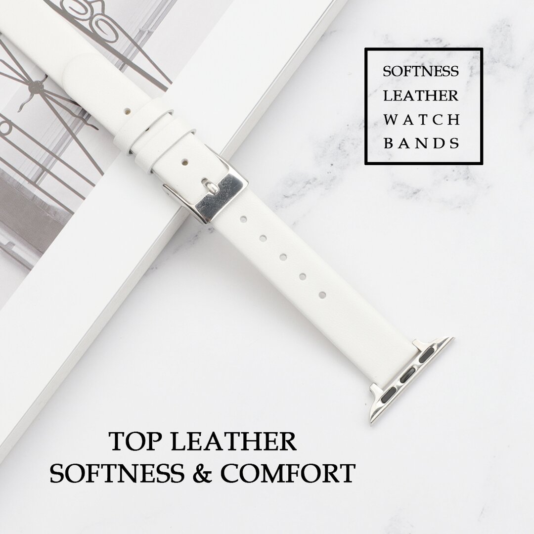 Leder Slim Fit Armband - Wei&szlig; - Geeignet f&uuml;r Apple Watch 44mm / 45mm / 46mm / 49mm