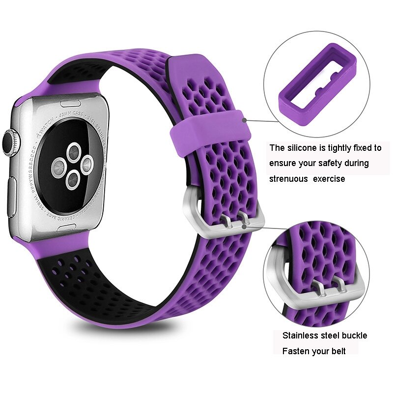 Armband mit L&ouml;chern - 2 Farben - Lila mit Schwarz - Geeignet f&uuml;r Apple Watch 44mm / 45mm / 46mm / 49mm