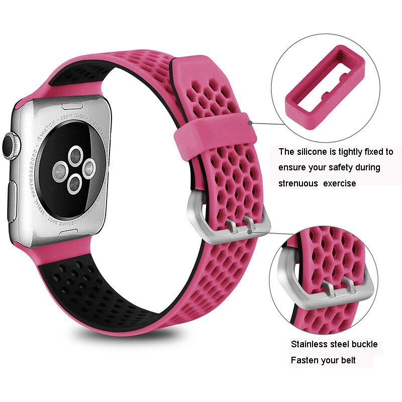 Armband mit L&ouml;chern - 2 Farben - Pink mit Schwarz - Geeignet f&uuml;r Apple Watch 44mm / 45mm / 46mm / 49mm