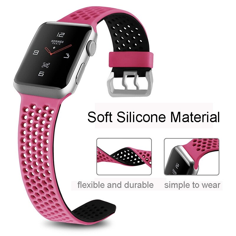 Armband mit L&ouml;chern - 2 Farben - Pink mit Schwarz - Geeignet f&uuml;r Apple Watch 44mm / 45mm / 46mm / 49mm