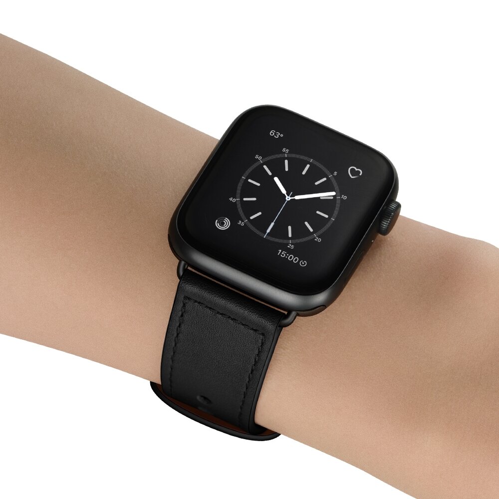 Lederband mit Doppelschlaufe - Schwarz - Geeignet f&uuml;r Apple Watch 44mm / 45mm / 46mm / 49mm