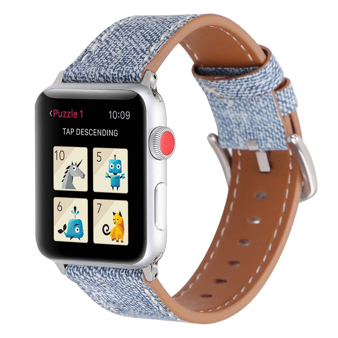 Echtes Lederarmband mit Denim-Muster - Hellblau - Geeignet f&uuml;r Apple Watch 38mm / 40mm / 41mm / 42mm