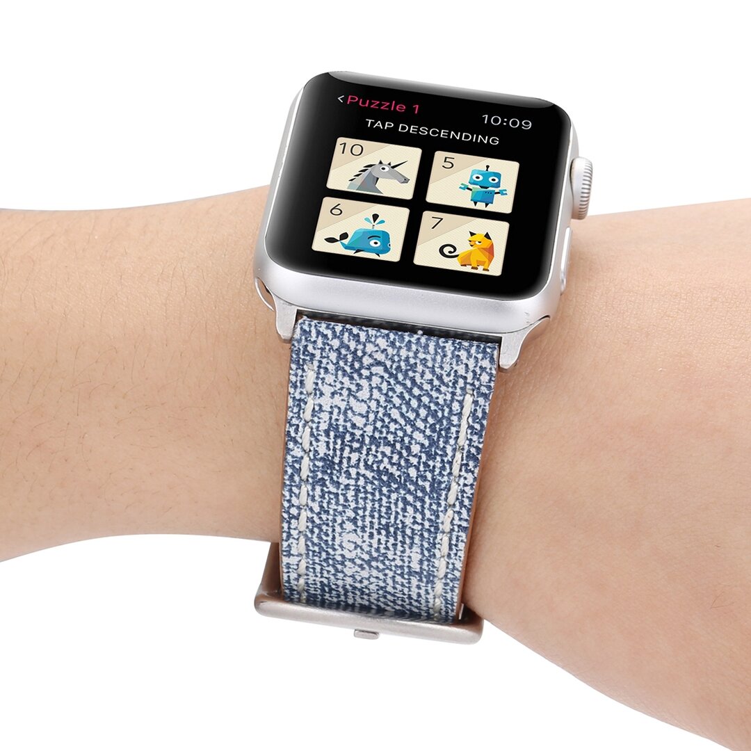 Echtes Lederarmband mit Denim-Muster - Hellblau - Geeignet f&uuml;r Apple Watch 38mm / 40mm / 41mm / 42mm