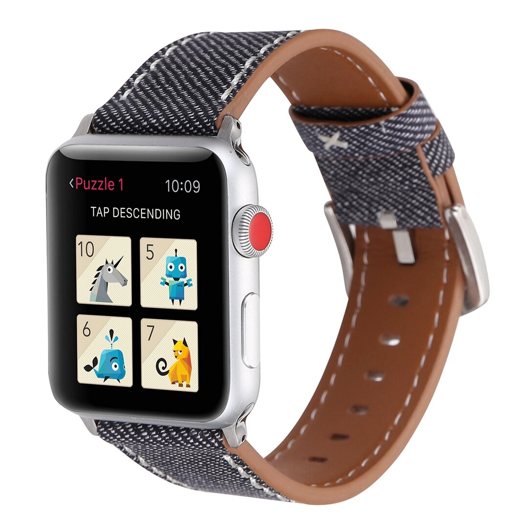 Echtes Lederarmband mit Denim-Muster - Grau - Geeignet f&uuml;r Apple Watch 38mm / 40mm / 41mm / 42mm