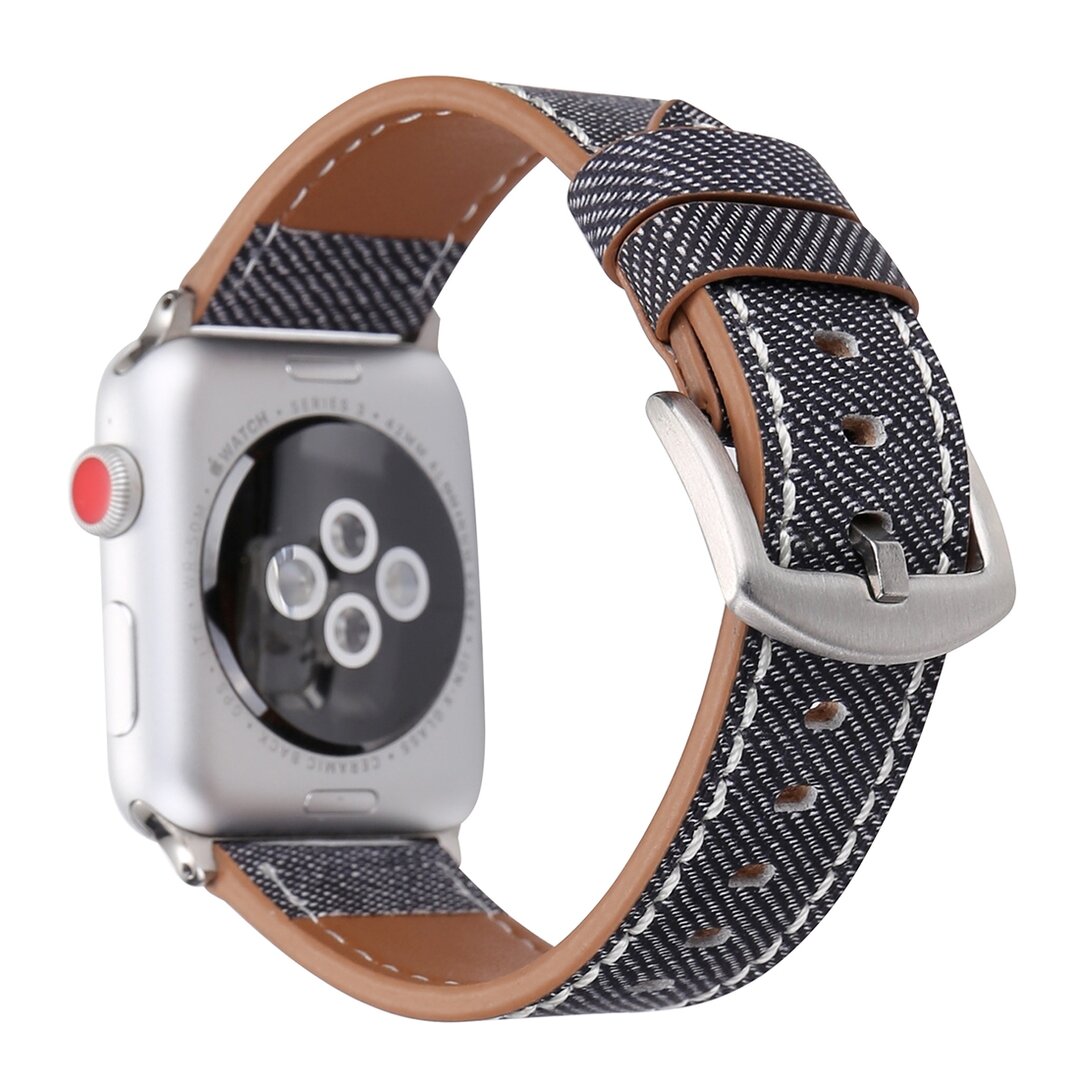 Echtes Lederarmband mit Denim-Muster - Grau - Geeignet f&uuml;r Apple Watch 38mm / 40mm / 41mm / 42mm