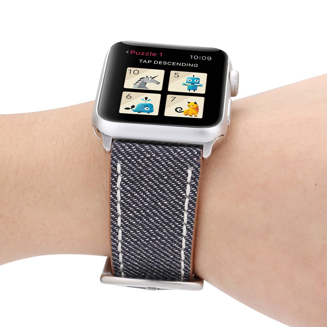 Echtes Lederarmband mit Denim-Muster - Grau - Geeignet f&uuml;r Apple Watch 44mm / 45mm / 46mm / 49mm