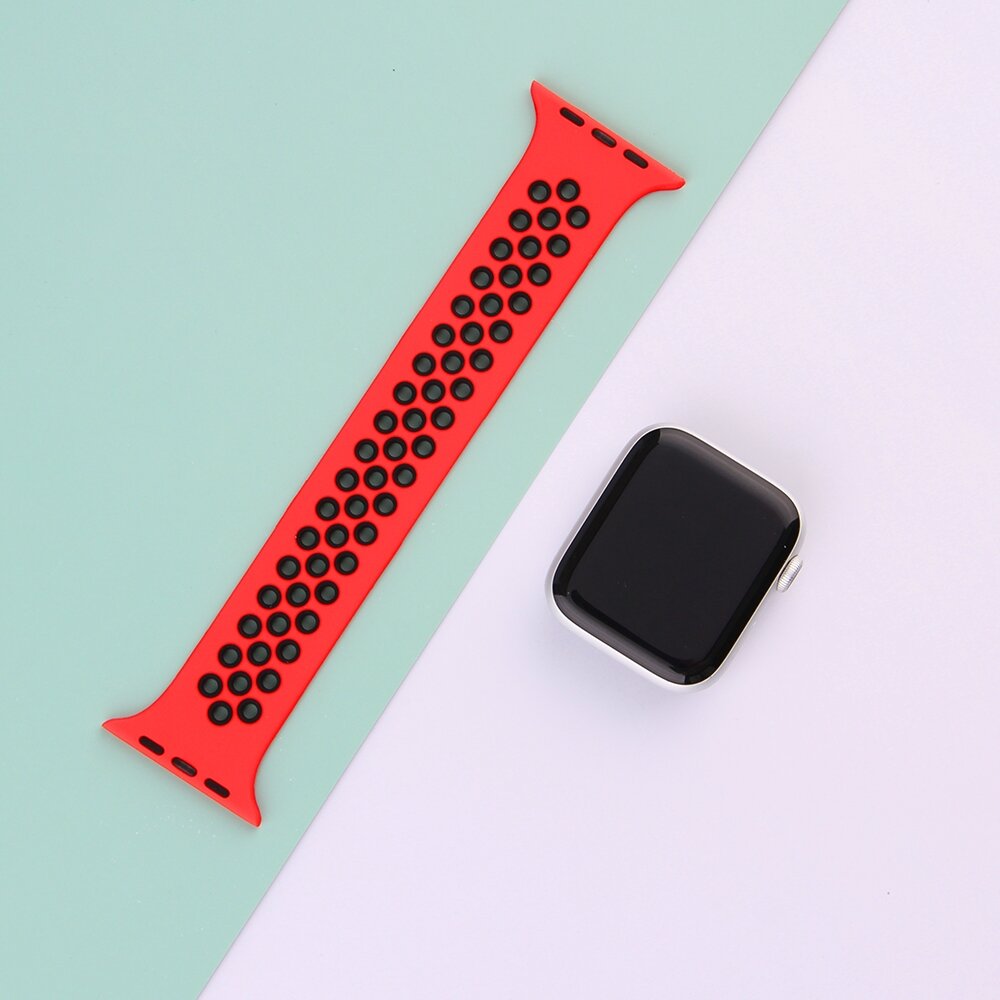 Solo Loop Sportarmband - Gr&ouml;&szlig;e: L - Rot + Schwarz - Geeignet f&uuml;r Apple Watch 38mm / 40mm / 41mm / 42mm