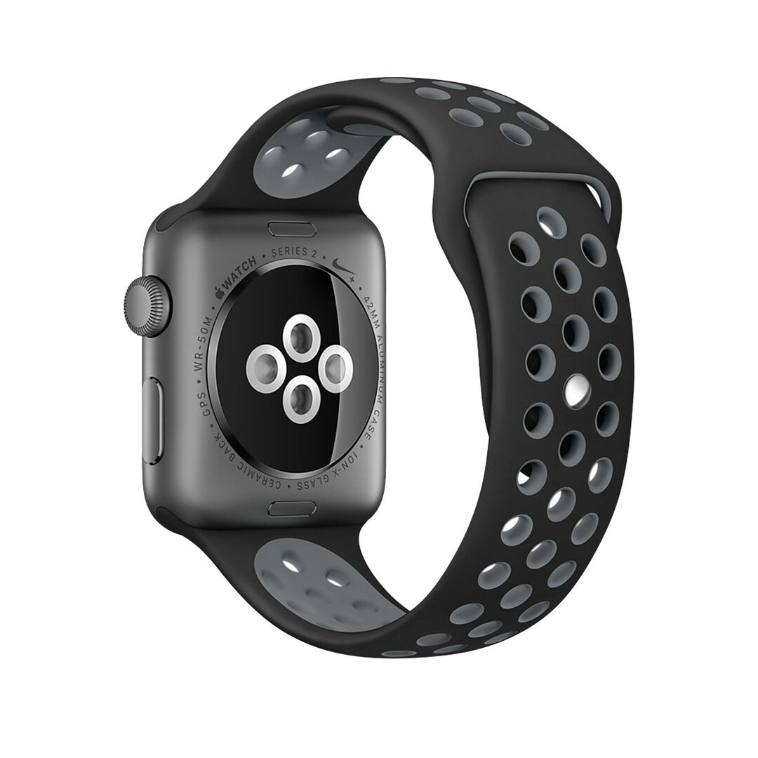 Sportarmband - Gr&ouml;&szlig;e: S/M - Schwarz + Grau - Geeignet f&uuml;r Apple Watch 44mm / 45mm / 46mm / 49mm