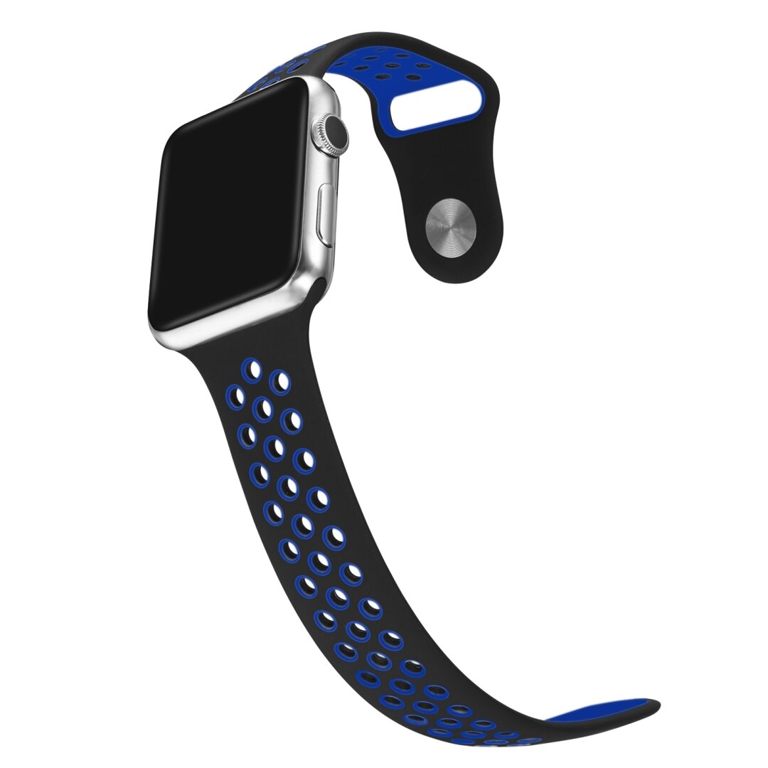 Sportarmband - Gr&ouml;&szlig;e: S/M - Schwarz + Blau - Geeignet f&uuml;r Apple Watch 44mm / 45mm / 46mm / 49mm