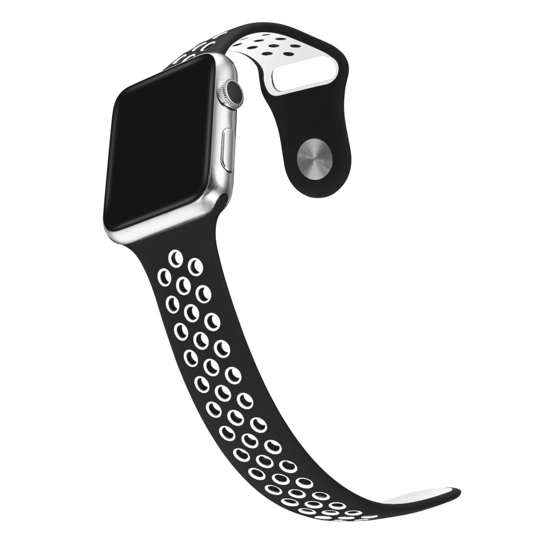 Sportarmband - Gr&ouml;&szlig;e: M/L - Schwarz + Wei&szlig; - Geeignet f&uuml;r Apple Watch 44mm / 45mm / 46mm / 49mm