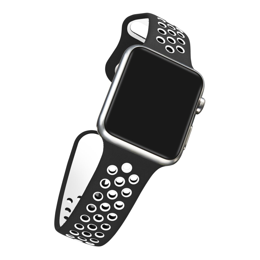 Sportarmband - Gr&ouml;&szlig;e: M/L - Schwarz + Wei&szlig; - Geeignet f&uuml;r Apple Watch 44mm / 45mm / 46mm / 49mm