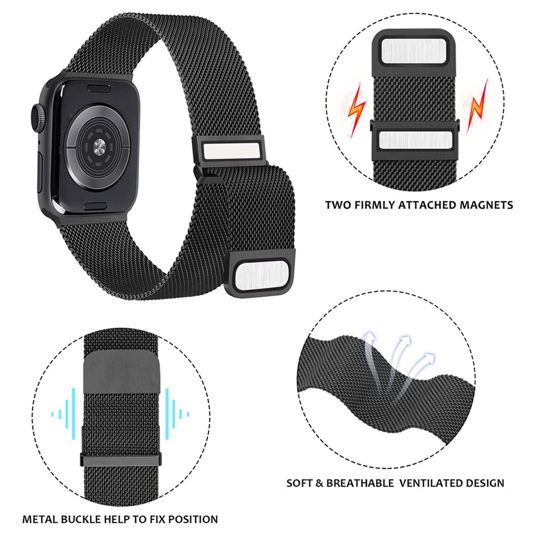 Milanaise Band - Schwarz - Extra starker Magnet - Geeignet f&uuml;r Apple Watch 44mm / 45mm / 46mm / 49mm