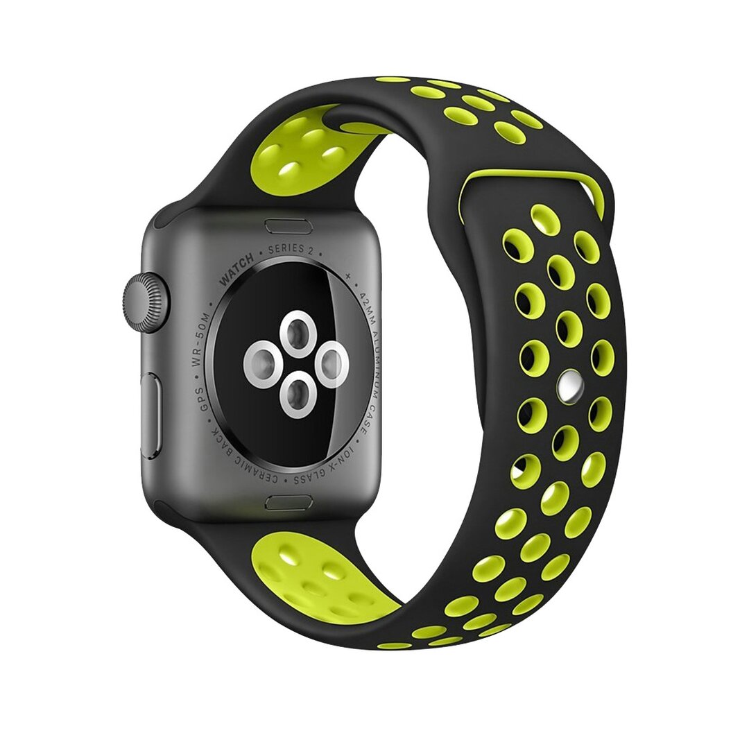 Sportarmband - Gr&ouml;&szlig;e: M/L - Schwarz + Gelb - Geeignet f&uuml;r Apple Watch 44mm / 45mm / 46mm / 49mm