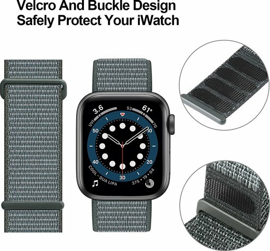 Nylon Sport Looparmband - Grau-Gr&uuml;n - Extra starker Klettverschluss - Geeignet f&uuml;r Apple Watch 38mm / 40mm / 41mm