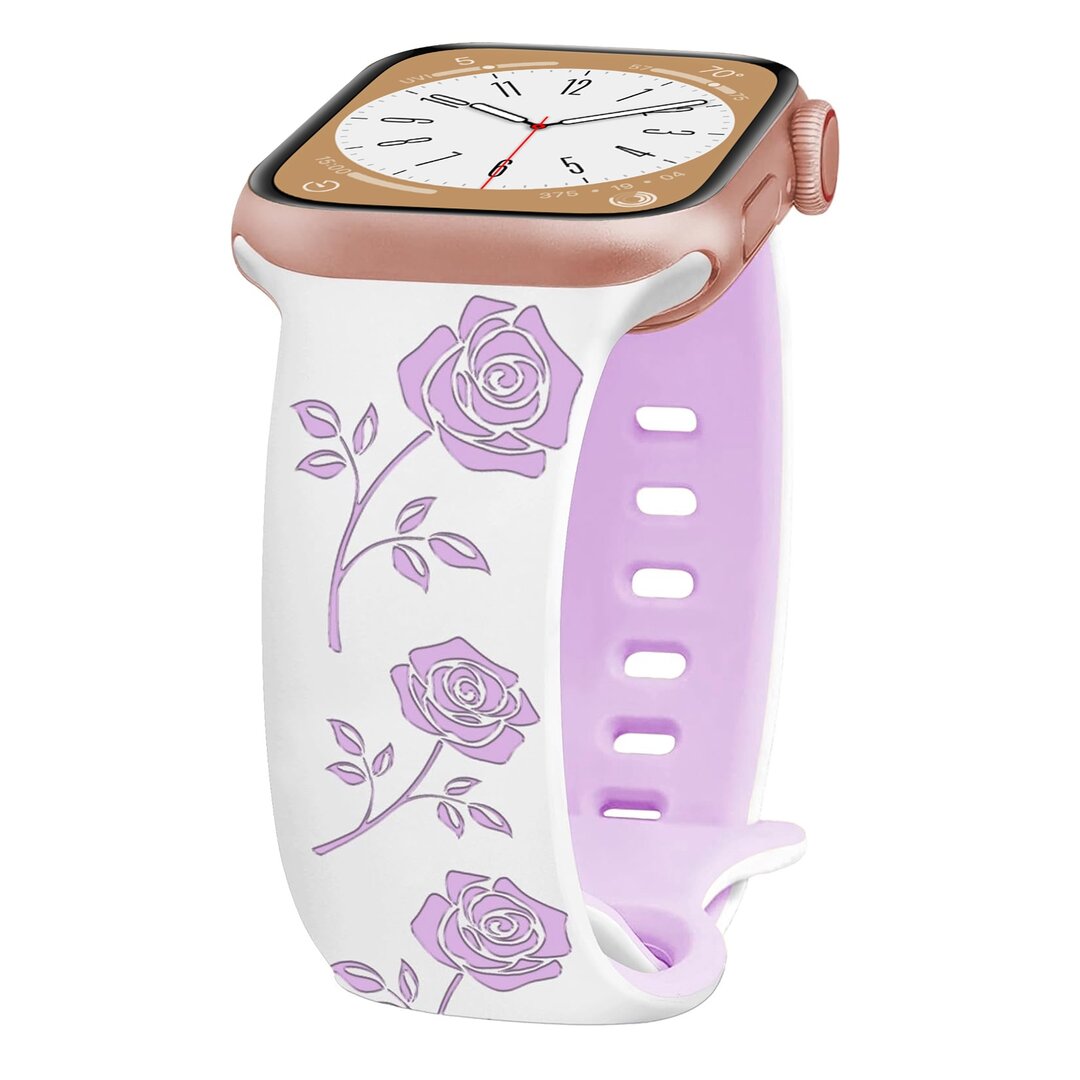 Silikonarmband mit Rosen - Wei&szlig; / Lila - Geeignet f&uuml;r Apple Watch 38mm / 40mm / 41mm