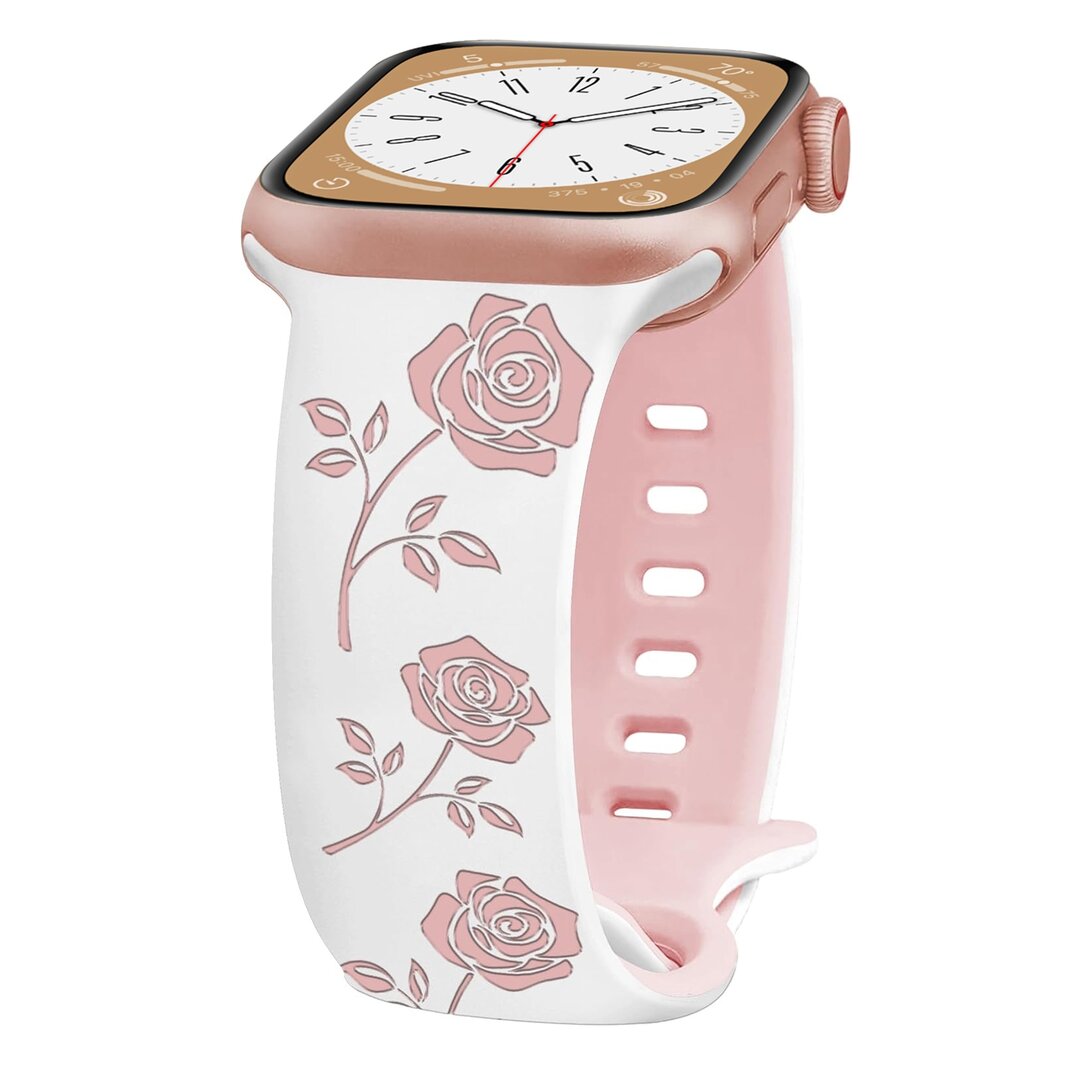 Silikonarmband mit Rosen - Wei&szlig; / Rosa - Geeignet f&uuml;r Apple Watch 38mm / 40mm / 41mm