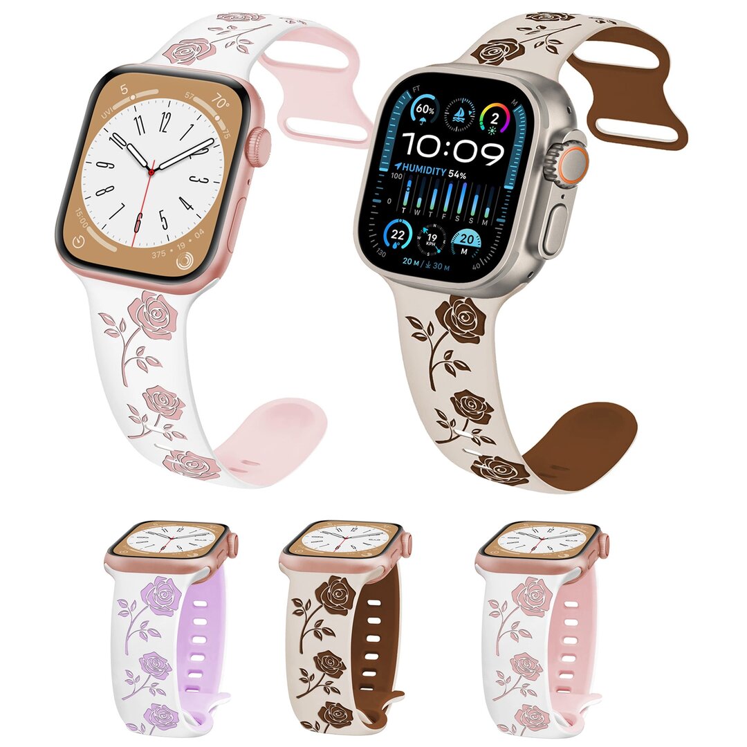 Silikonarmband mit Rosen - Wei&szlig; / Rosa - Geeignet f&uuml;r Apple Watch 38mm / 40mm / 41mm