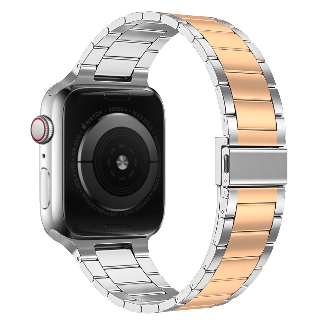 Stahlgliederarmband - Silber mit Champagnergold - Passend f&uuml;r Apple Watch 38mm / 40mm / 41mm / 42mm