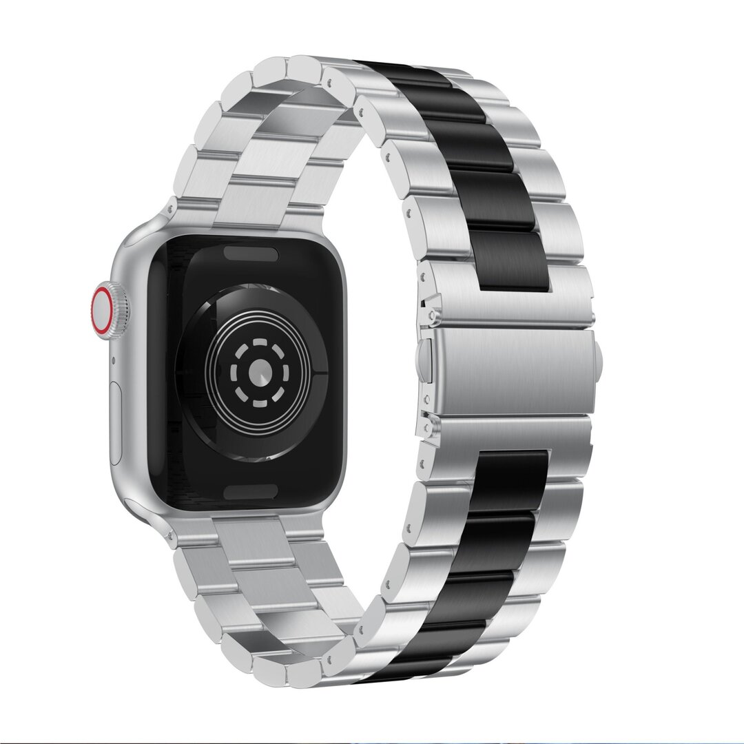 Stahlgliederarmband - Silber mit Schwarz - Geeignet f&uuml;r Apple Watch 38mm / 40mm / 41mm / 42mm