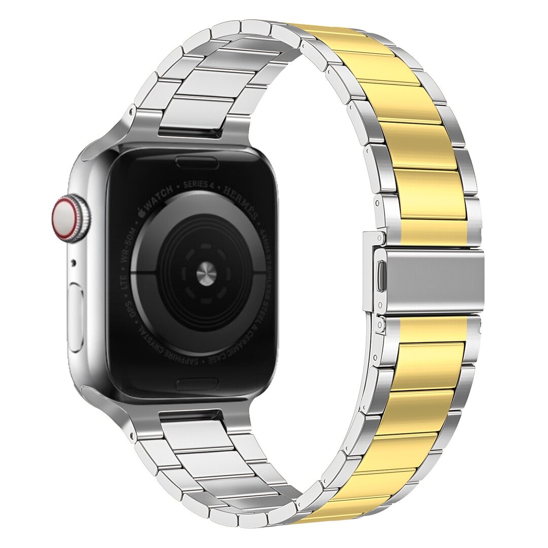 Stahlgliederarmband - Silber mit Gold - Passend f&uuml;r Apple Watch 44mm / 45mm / 46mm / 49mm