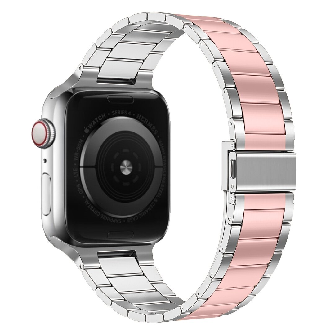 Stahlgliederarmband - Silber mit Rose - Passend f&uuml;r Apple Watch 44mm / 45mm / 46mm / 49mm