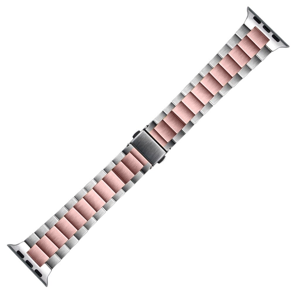 Stahlgliederarmband - Silber mit Rose - Passend f&uuml;r Apple Watch 44mm / 45mm / 46mm / 49mm
