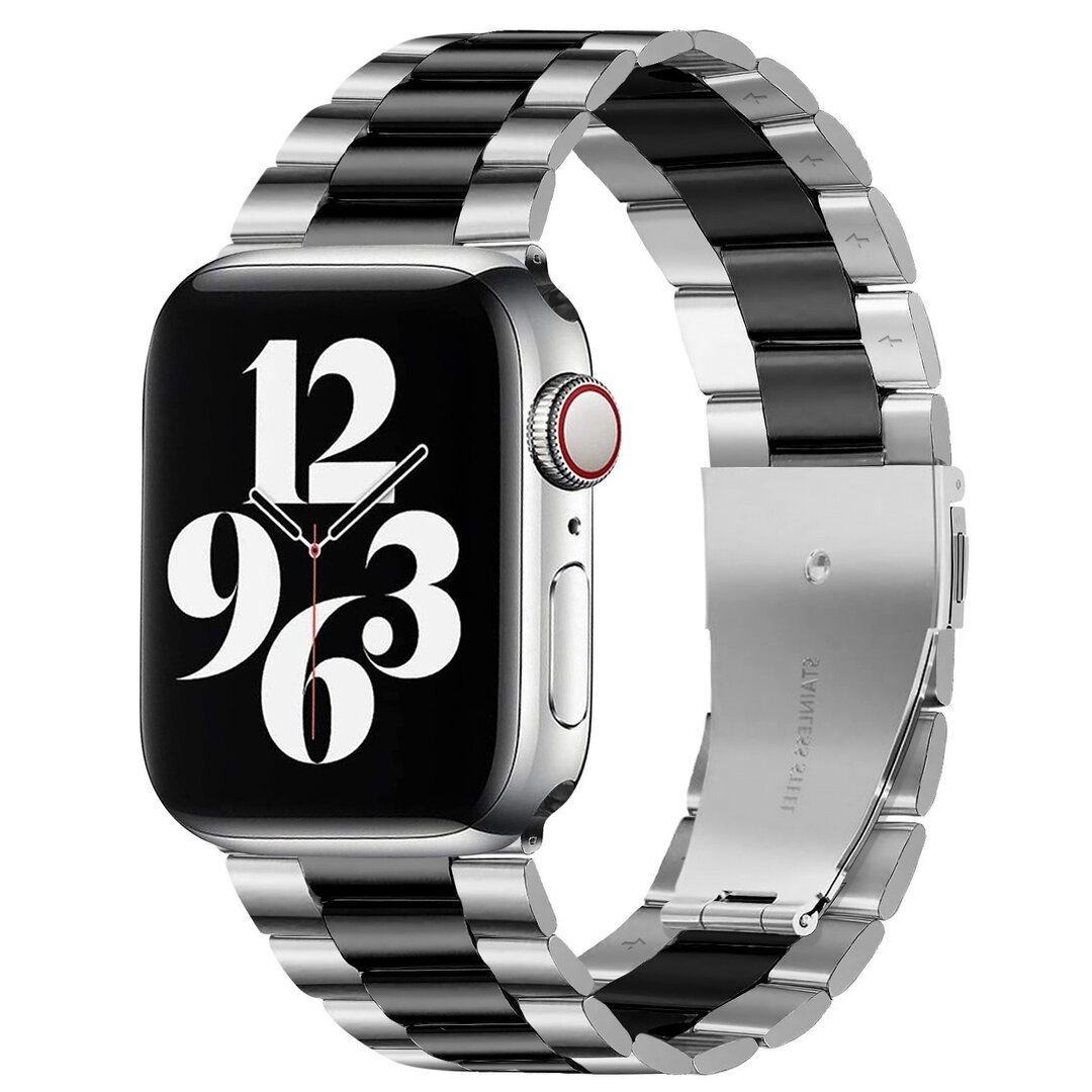 Stahlgliederarmband - Silber mit Schwarz - Passend f&uuml;r Apple Watch 44mm / 45mm / 46mm / 49mm