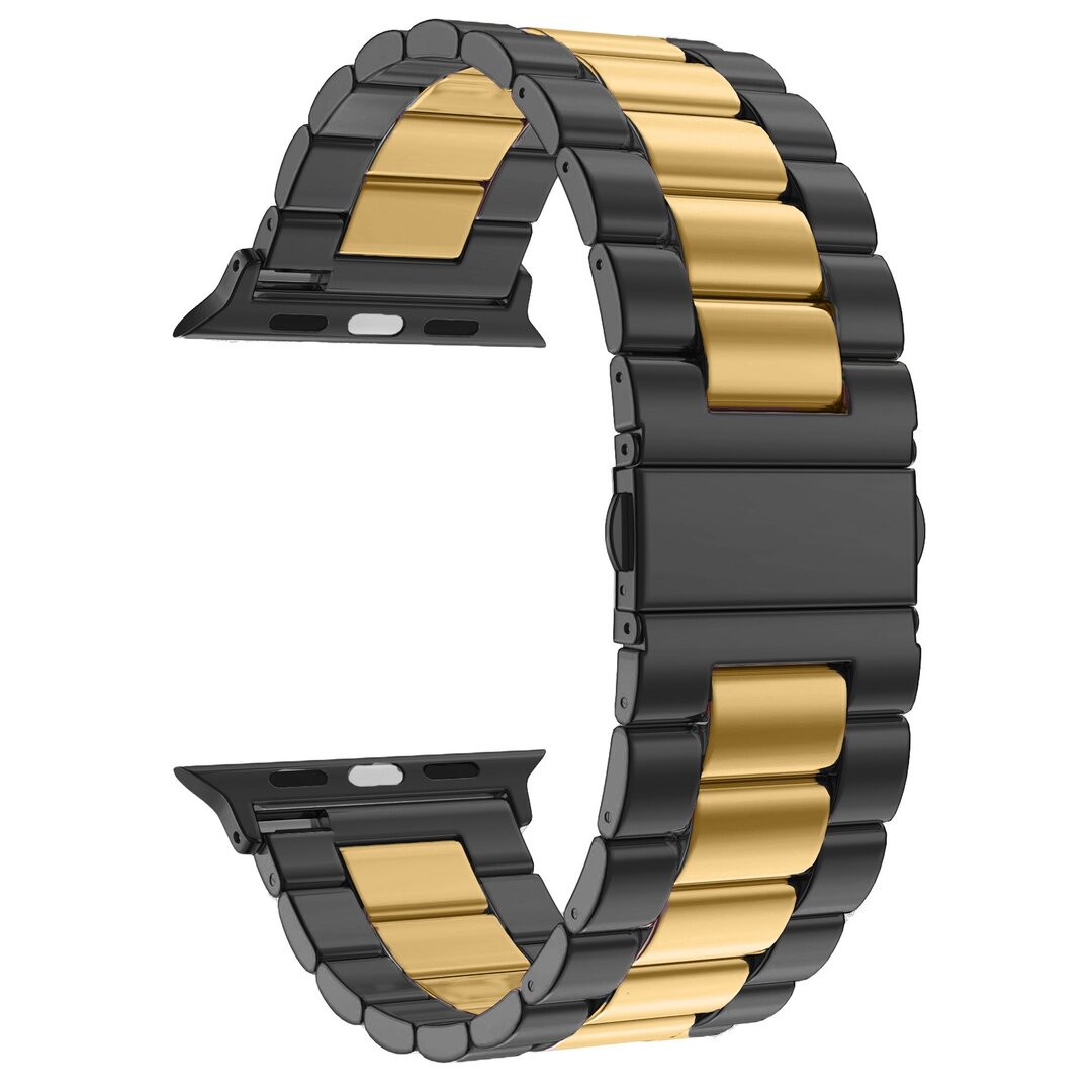 Stahlgliederarmband - Schwarz mit Gold - Geeignet f&uuml;r Apple Watch 44mm / 45mm / 46mm / 49mm