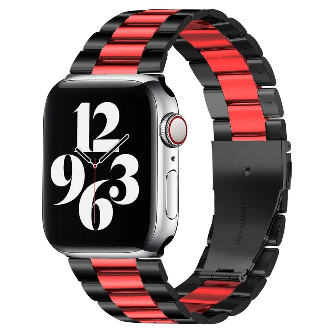 Stahlgliederarmband - Schwarz mit Rot - Geeignet f&uuml;r Apple Watch 44mm / 45mm / 46mm / 49mm