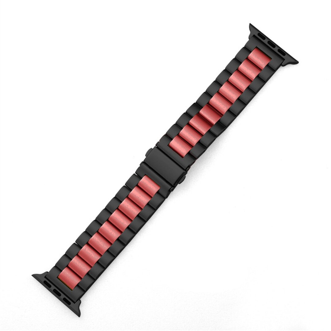 Stahlgliederarmband - Schwarz mit Rot - Geeignet f&uuml;r Apple Watch 44mm / 45mm / 46mm / 49mm