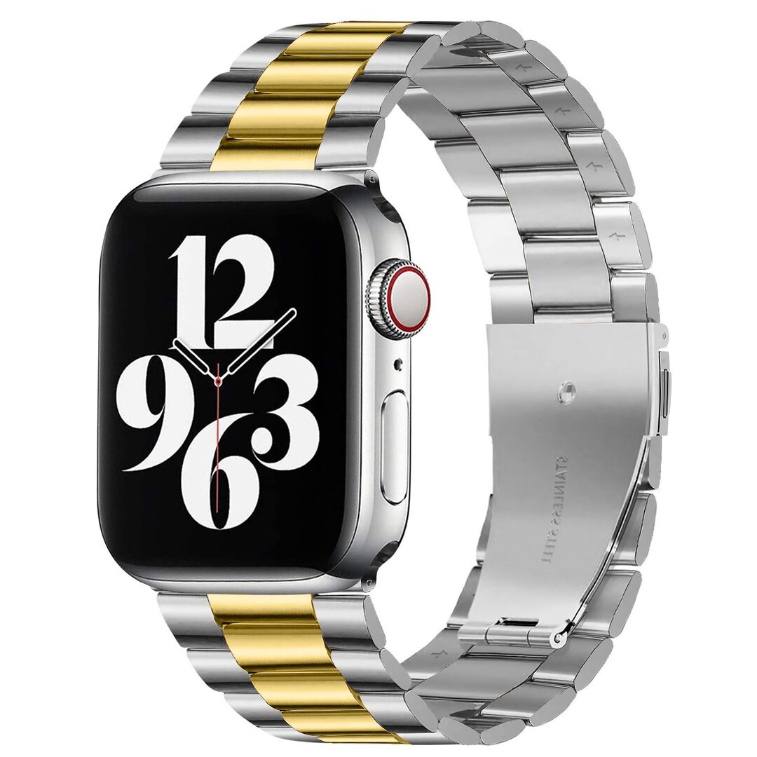 Stahlgliederarmband - Silber mit Gold - Passend f&uuml;r Apple Watch 44mm / 45mm / 46mm / 49mm