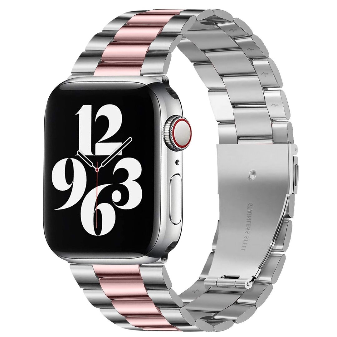 Stahlgliederarmband - Silber mit Rosa - Geeignet f&uuml;r Apple Watch 44mm / 45mm / 46mm / 49mm