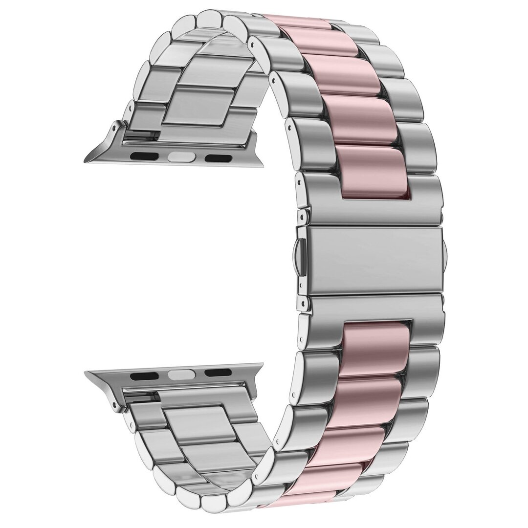 Stahlgliederarmband - Silber mit Rosa - Geeignet f&uuml;r Apple Watch 44mm / 45mm / 46mm / 49mm