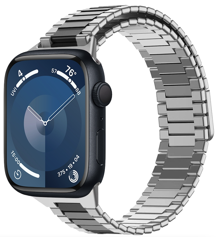 Magnetisches Stahlband - Sehr starker Magnet - Silber mit Schwarz - Geeignet f&uuml;r Apple Watch 44mm / 45mm / 46mm / 49mm