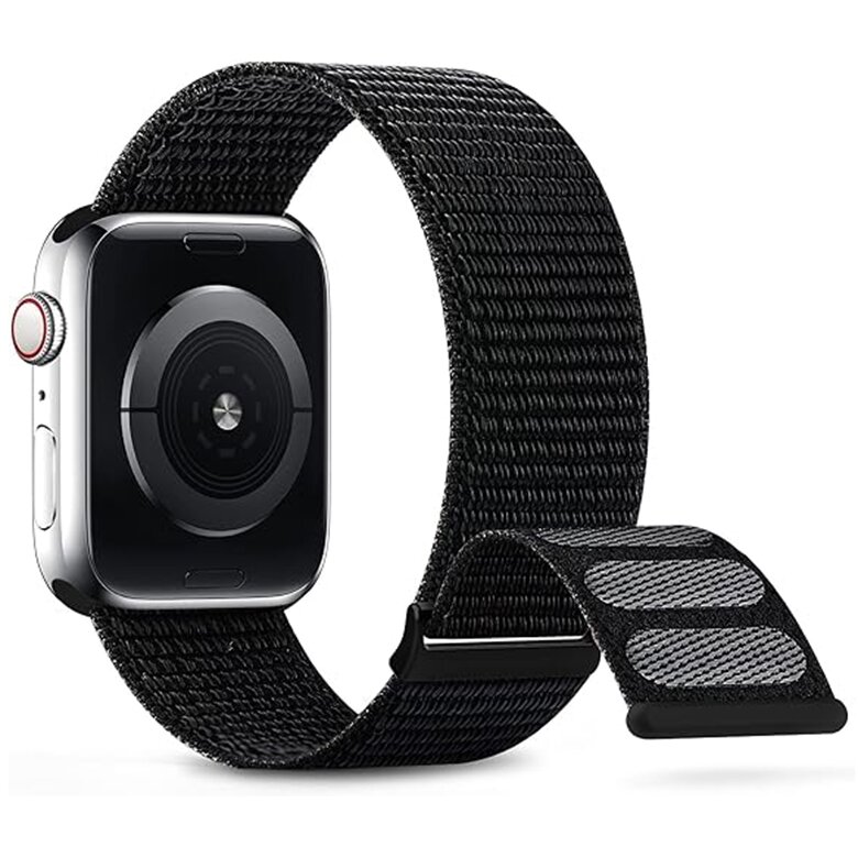 Nylon Sport Looparmband - Schwarz - Extra starker Klettverschluss - Geeignet f&uuml;r Apple Watch 44mm / 45mm / 46mm / 49mm