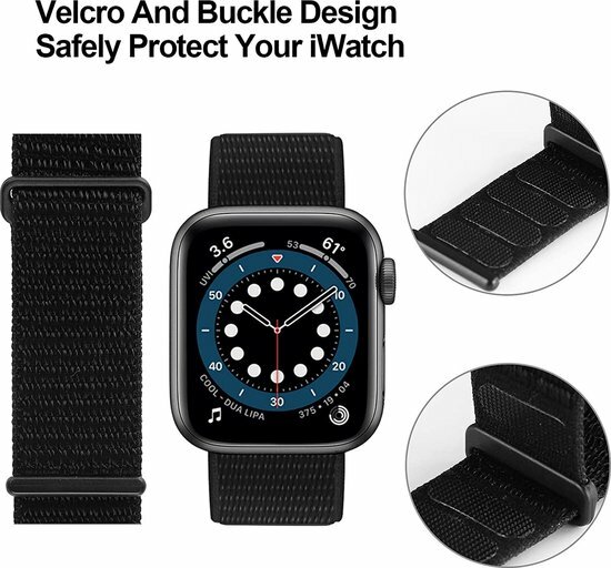 Nylon Sport Looparmband - Schwarz - Extra starker Klettverschluss - Geeignet f&uuml;r Apple Watch 44mm / 45mm / 46mm / 49mm