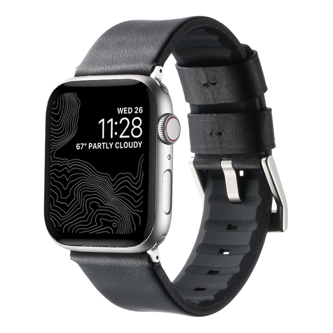 Leder + Silikonarmband - Schwarz + silberner Connector und Schlie&szlig;e - Geeignet f&uuml;r Apple Watch 44mm / 45mm / 46mm / 49mm