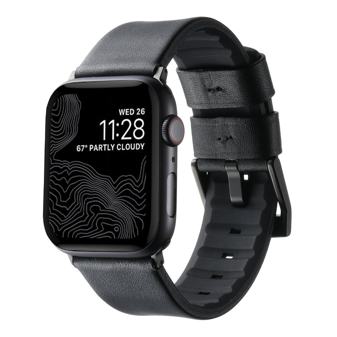Leder + Silikonarmband - Schwarz + schwarzer Connector und Schlie&szlig;e - Geeignet f&uuml;r Apple Watch 44mm / 45mm / 46mm / 49mm