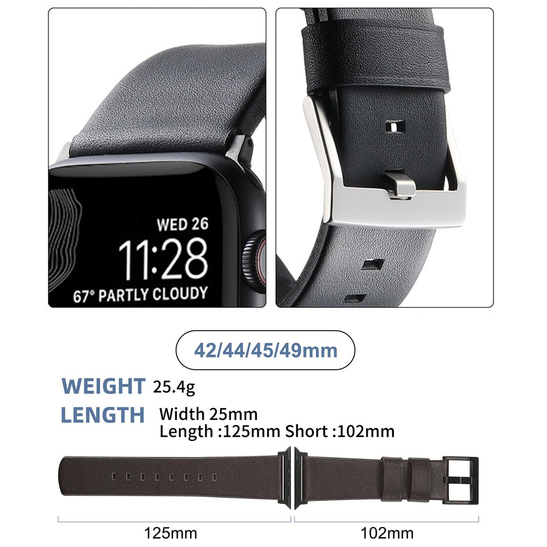 Leder + Silikonarmband - Schwarz + schwarzer Connector und Schlie&szlig;e - Geeignet f&uuml;r Apple Watch 44mm / 45mm / 46mm / 49mm