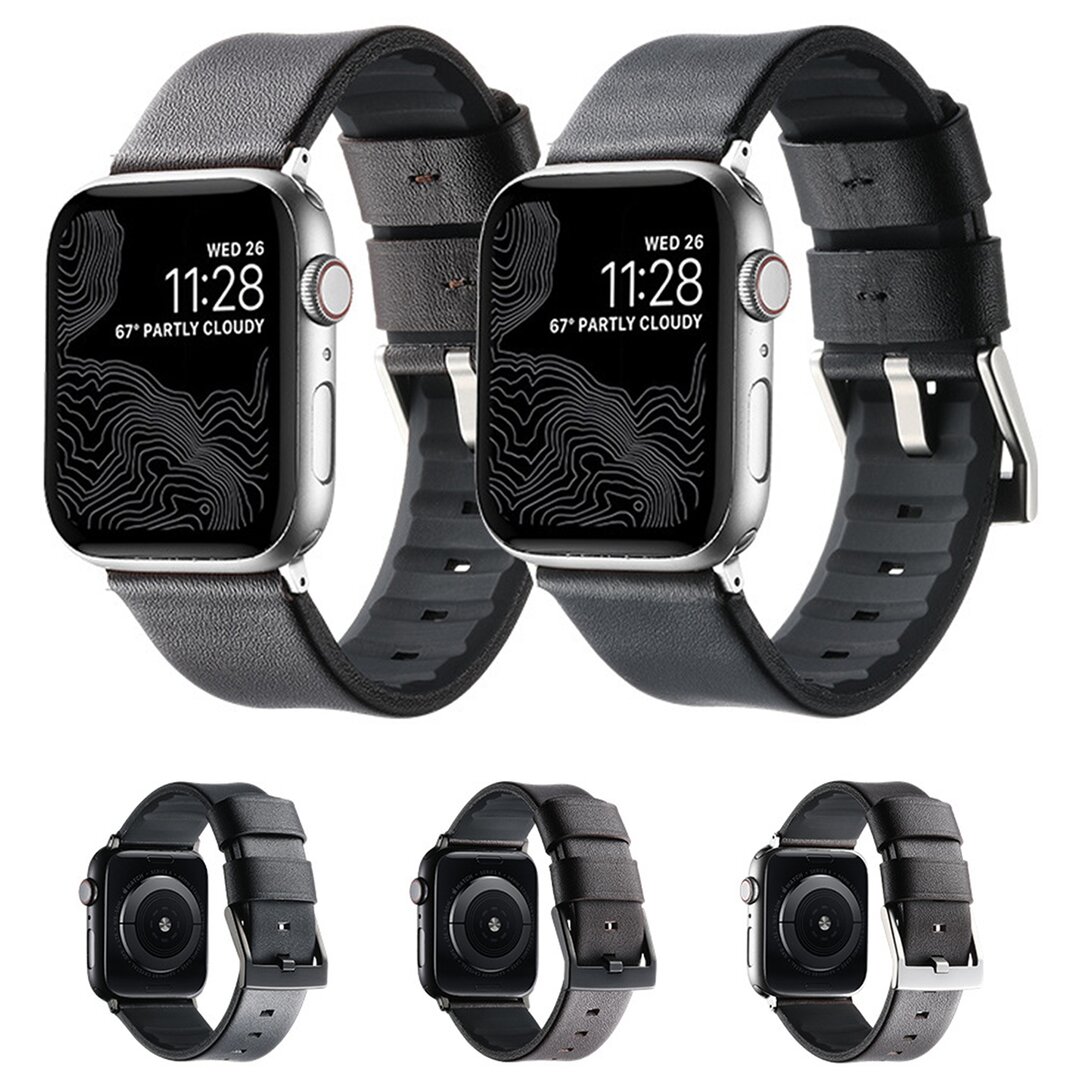 Leder + Silikonarmband - Schwarz + schwarzer Connector und Schlie&szlig;e - Geeignet f&uuml;r Apple Watch 44mm / 45mm / 46mm / 49mm