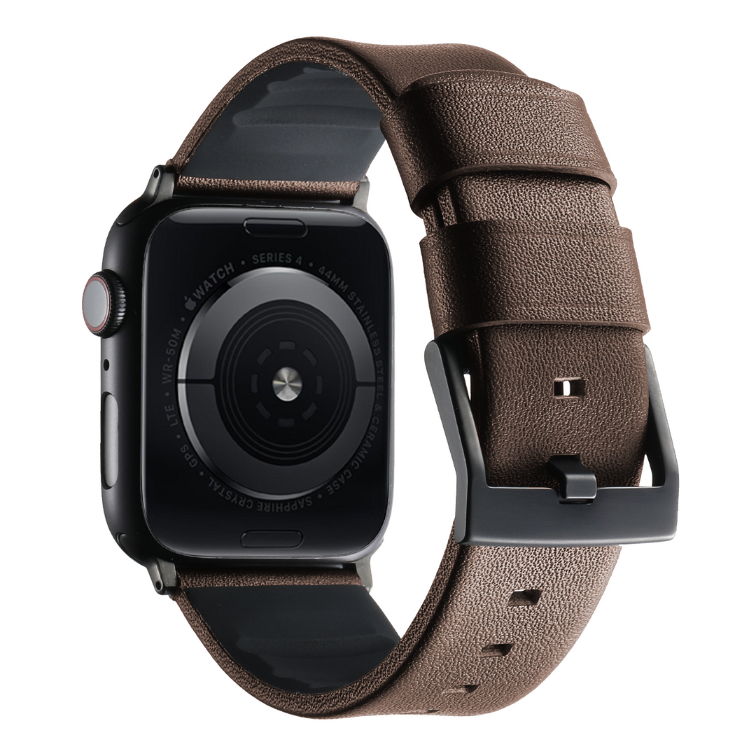 Leder + Silikonarmband - Braun + schwarzer Connector und Schlie&szlig;e - Geeignet f&uuml;r Apple Watch 44mm / 45mm / 46mm / 49mm